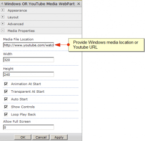 Windows Or YouTube Player WebPart Properties