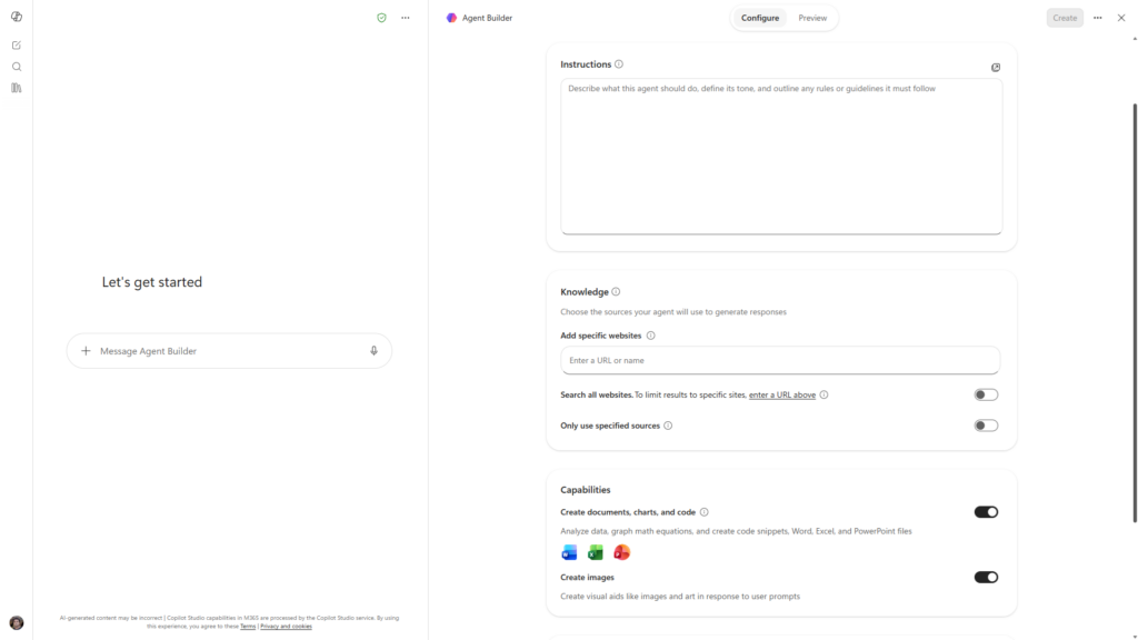 Agent Builder Knowledge section on an unlicensed account, offering only Add specific websites, Search all websites and Only use specified sources - no SharePoint, OneDrive or Teams