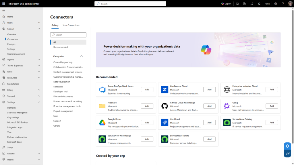 The Copilot connectors gallery in the Microsoft 365 admin center, showing prebuilt connectors by category (Azure DevOps, Confluence, ServiceNow, Jira, and more) with Add buttons.