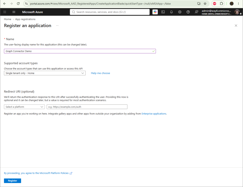 Register an application form, name Graph Connector Demo, Single tenant only selected