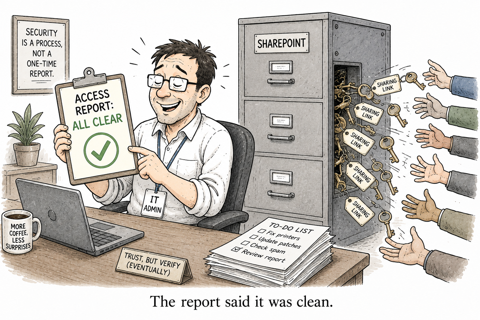 A sharing link is not a per-user grant (and why your access report is lying)