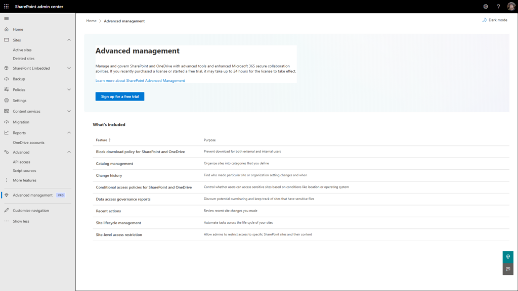 SharePoint Advanced Management page in the SharePoint admin center showing the What's included feature list