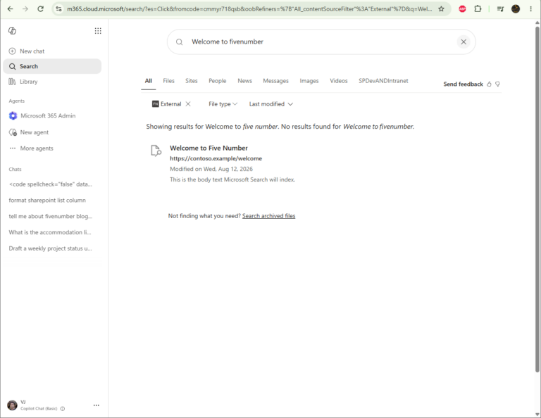 the pushed item in Microsoft Search results, narrowed with the External source filter, showing its title, url and body text