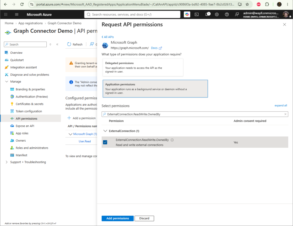 Selecting the ExternalConnection.ReadWrite.OwnedBy application permission