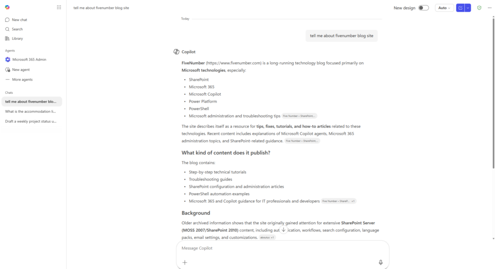 Copilot Chat answer about the site with citations back to the connector content