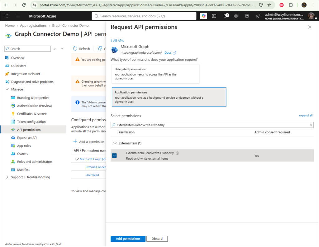 Selecting the ExternalItem.ReadWrite.OwnedBy application permission