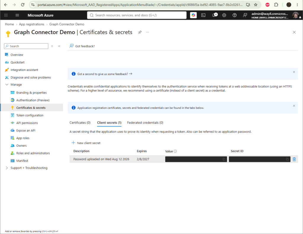 Certificates and secrets page with a new client secret created