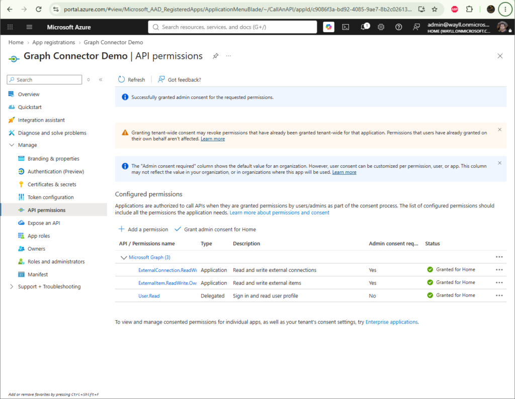 API permissions page with both permissions granted for the tenant