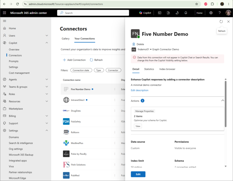 The Five Number Demo connection open in the Microsoft 365 admin center connectors list