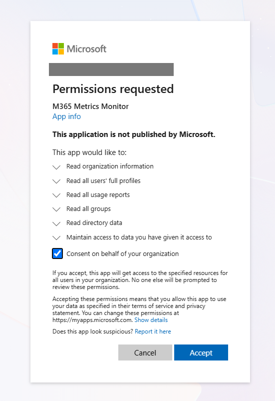Granting tenant wide admin consent to the M365 Metrics Monitor app in Entra