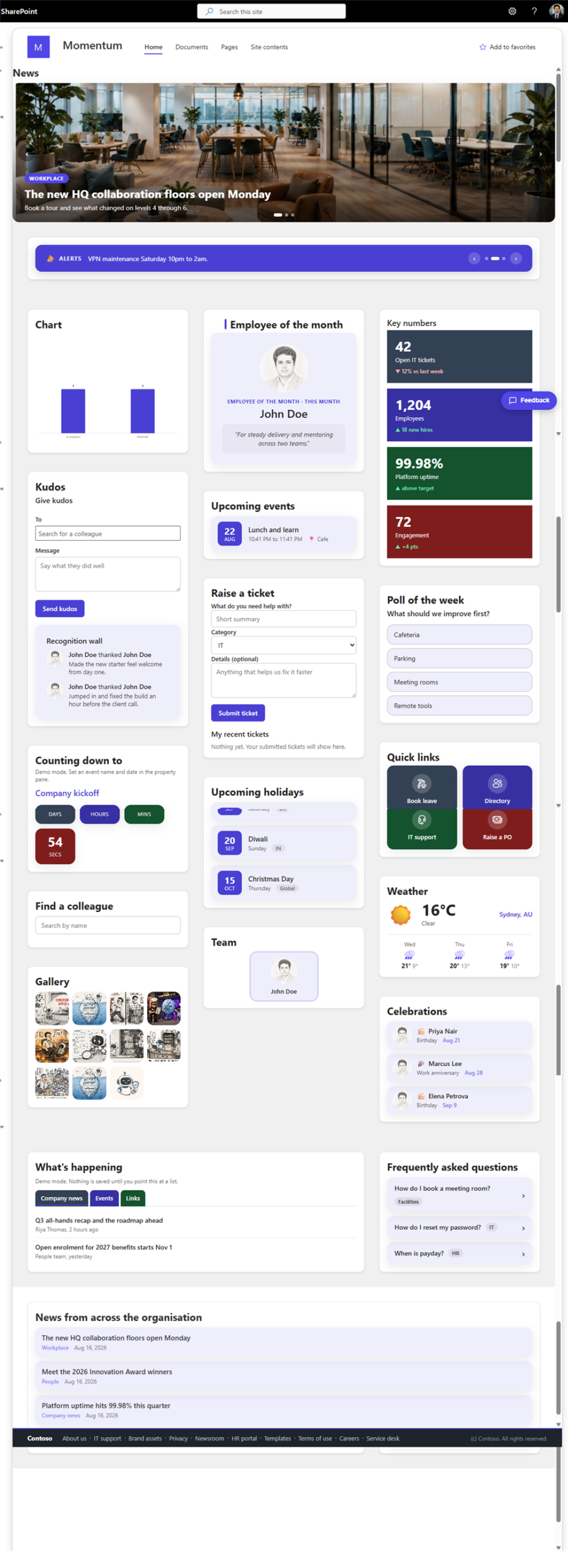 A SharePoint intranet home page built with the SPFx Intranet Suite web parts