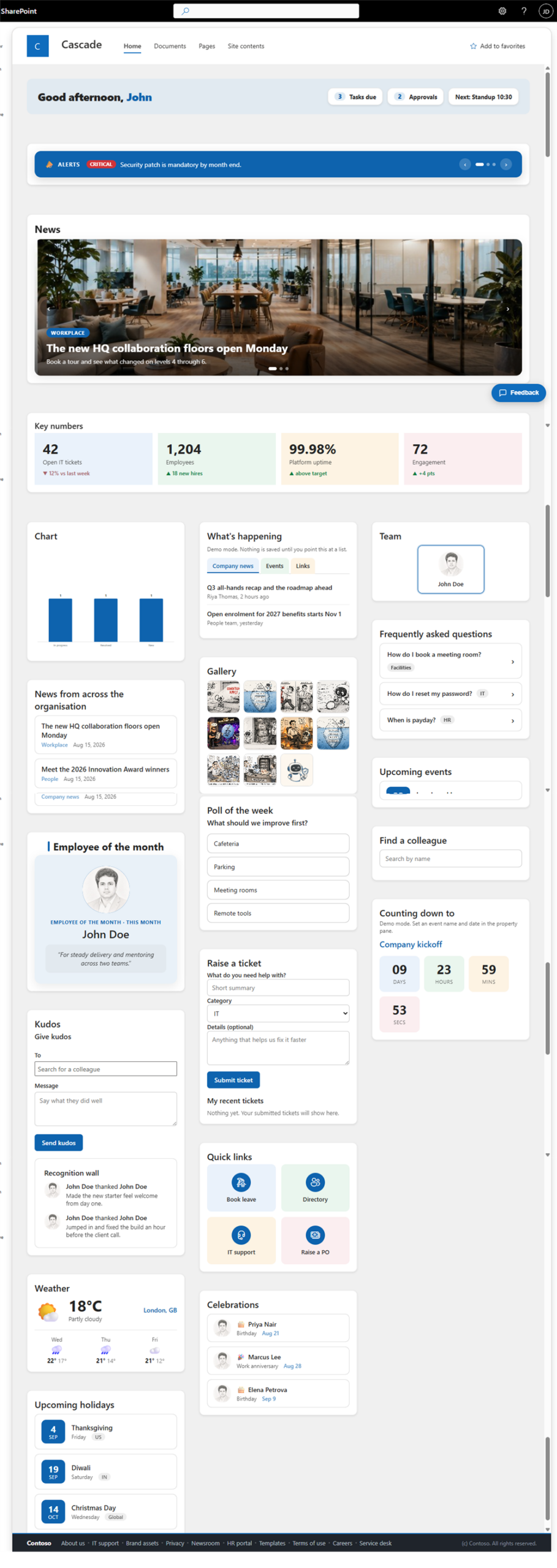 The same SPFx web parts on a second SharePoint site with a different colour palette