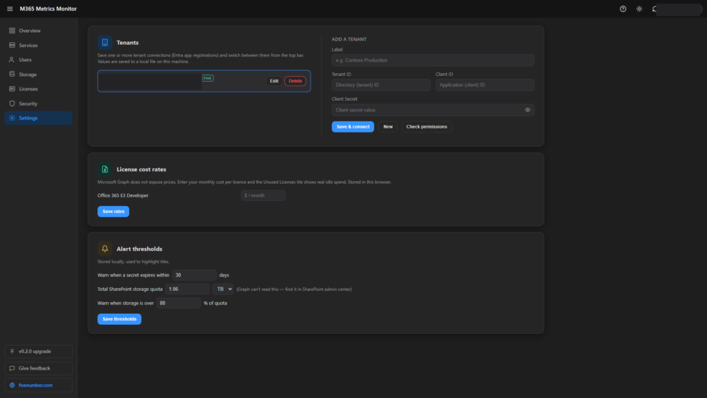 The Settings page with the tenant connection, per licence cost rates, and alert thresholds including a GB TB PB storage quota