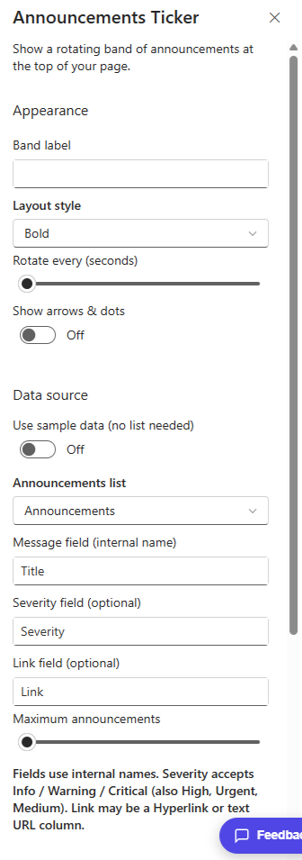 Announcements Ticker property pane showing the list, fields and rotation settings
