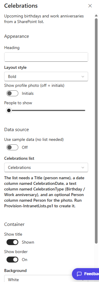 Celebrations property pane showing the list and profile photo option