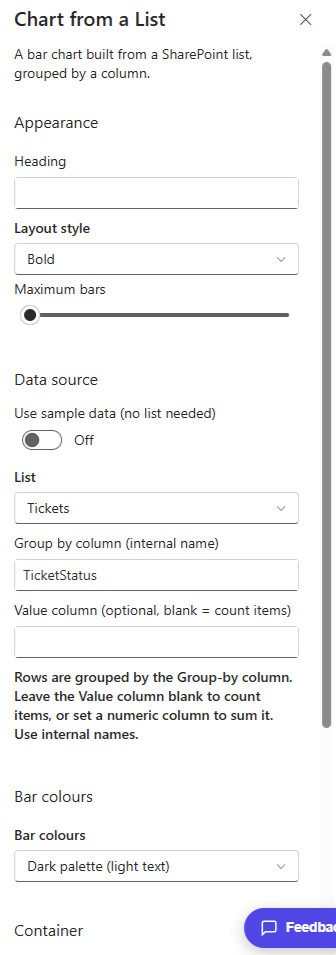 Chart from a List property pane showing the list, group-by column and bar colours