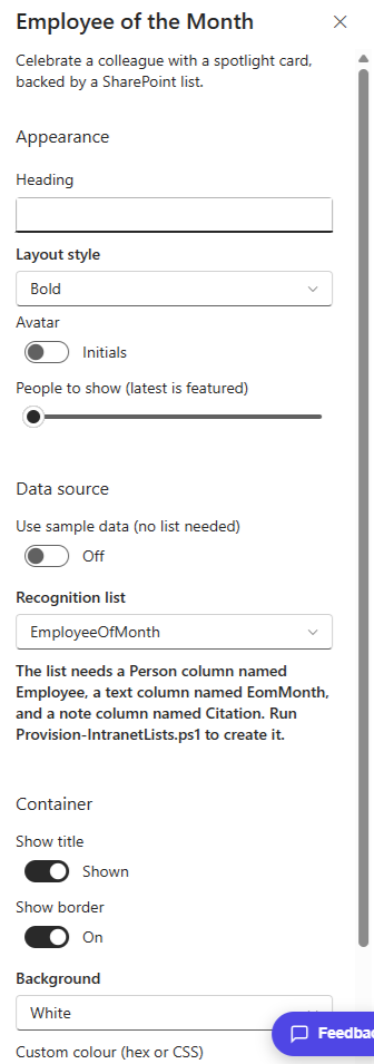 Employee of the Month property pane showing the recognition list and layout