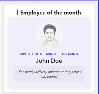 Employee of the month web part showing a spotlight card with photo and citation on SharePoint