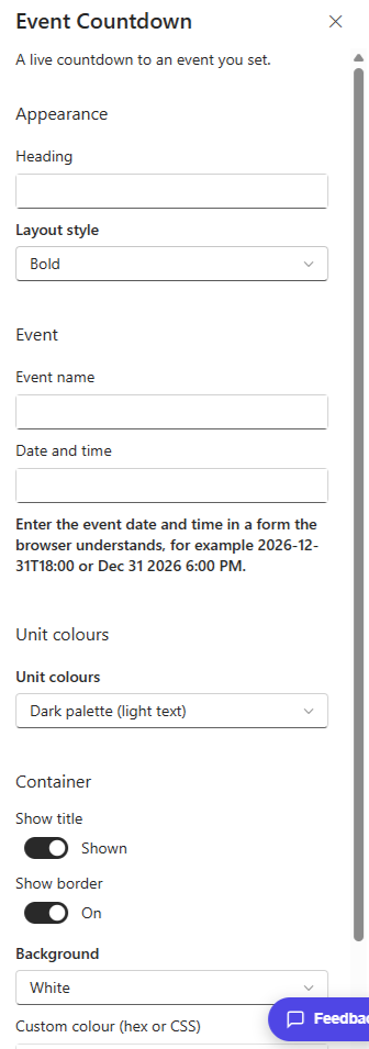 Event Countdown property pane showing the event name, date and unit colours