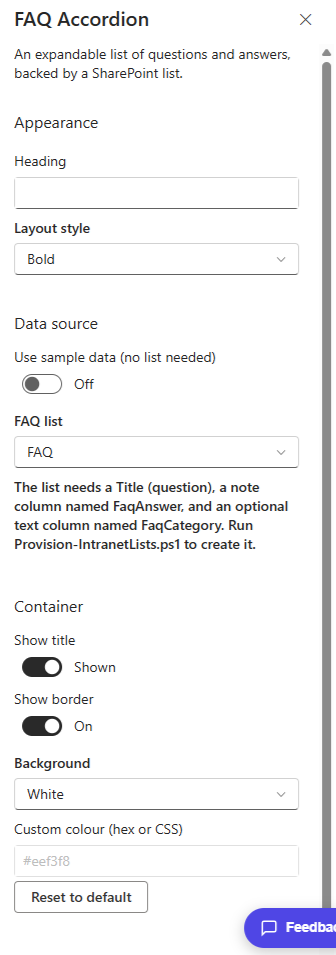 FAQ Accordion property pane showing the FAQ list and layout