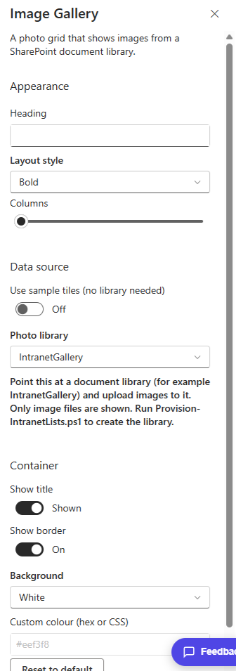 Image Gallery property pane showing the photo library and columns