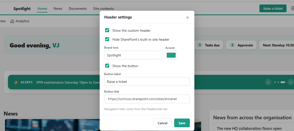 Custom SharePoint site header with an in-browser settings panel for owners