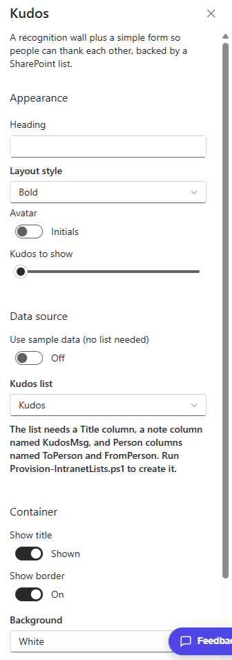 Kudos property pane showing layout, avatar and the Kudos list setting