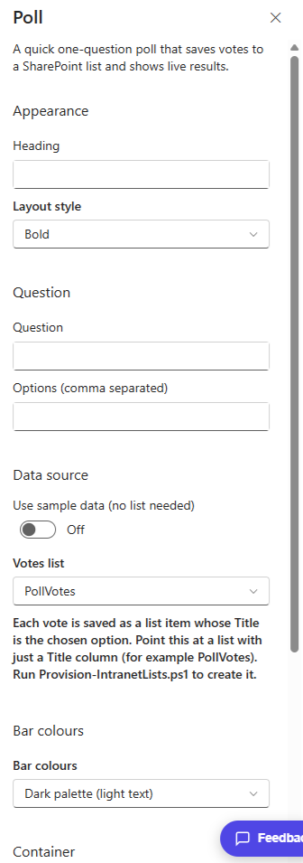 Poll property pane showing the question, options and votes list