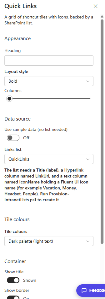 Quick Links property pane showing columns, the list and the tile colours option
