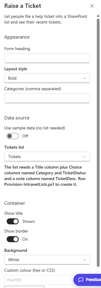 Raise a Ticket property pane showing categories and the Tickets list