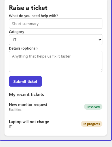 Raise a ticket web part with a help form and recent tickets on SharePoint