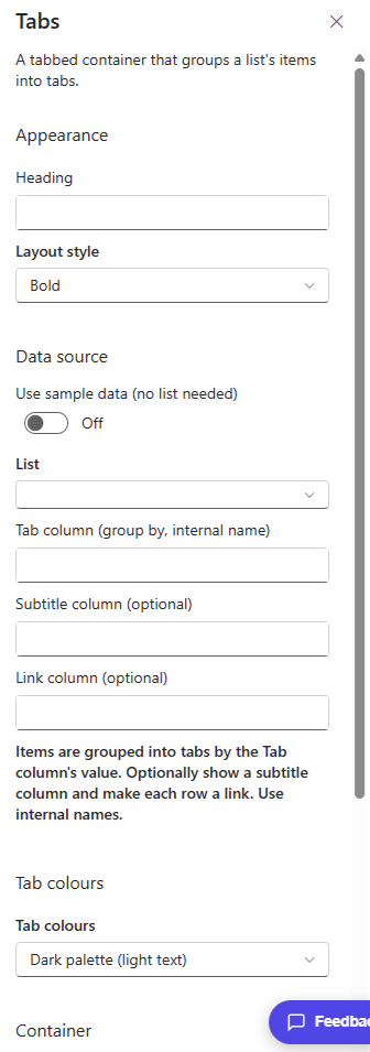 Tabs property pane showing the list and the tab column to group by