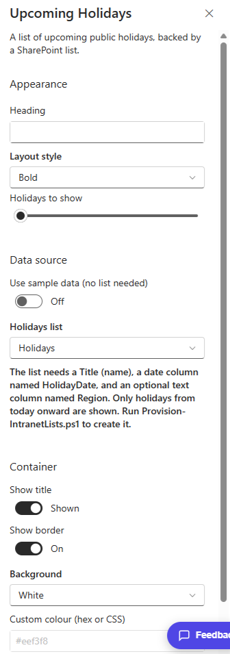 Upcoming Holidays property pane showing the Holidays list and how many to show