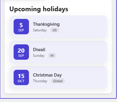 Upcoming holidays web part showing public holidays with dates and region tags on SharePoint