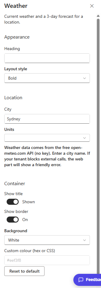 Weather property pane showing the city and units settings