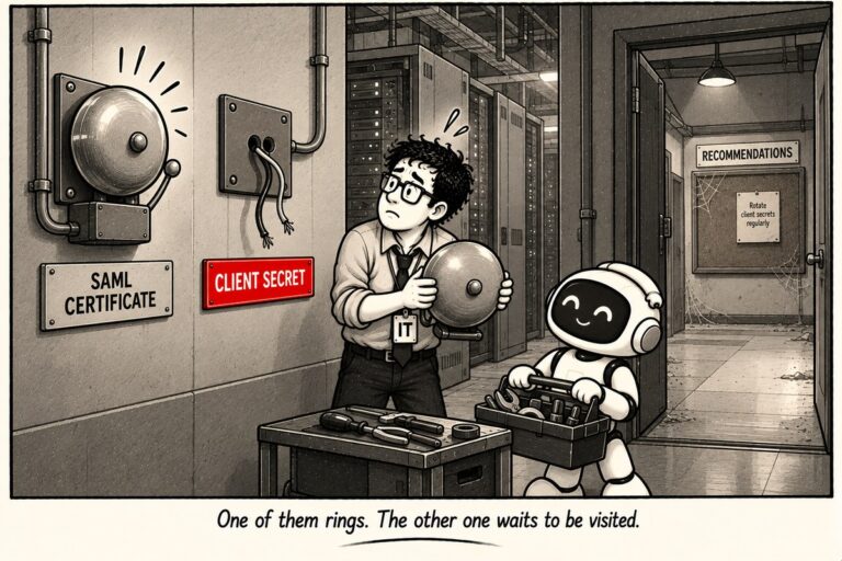 Cartoon of a loud SAML certificate alarm bell ringing while the client secret sign has dead cut wires, with a worried IT admin and a helper robot