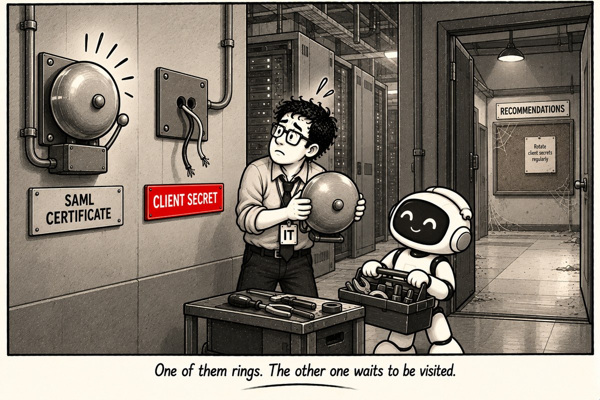 Cartoon of a loud SAML certificate alarm bell ringing while the client secret sign has dead cut wires, with a worried IT admin and a helper robot